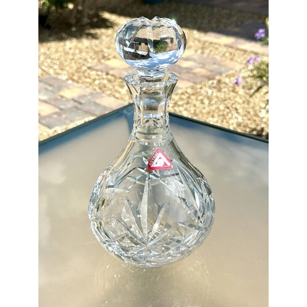 Astral Crystal Decanter Cut Glass Starburst Pattern w Stopper Vintage Barware